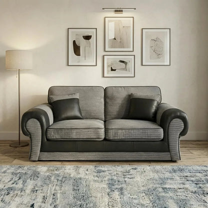 Tango 3+2 Seater Sofa Set – Jumbo Cord Fabric with Leather Detail Grey & Brown