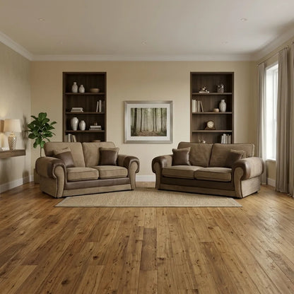 Tango 3+2 Seater Sofa Set – Jumbo Cord Fabric with Leather Detail Grey & Brown