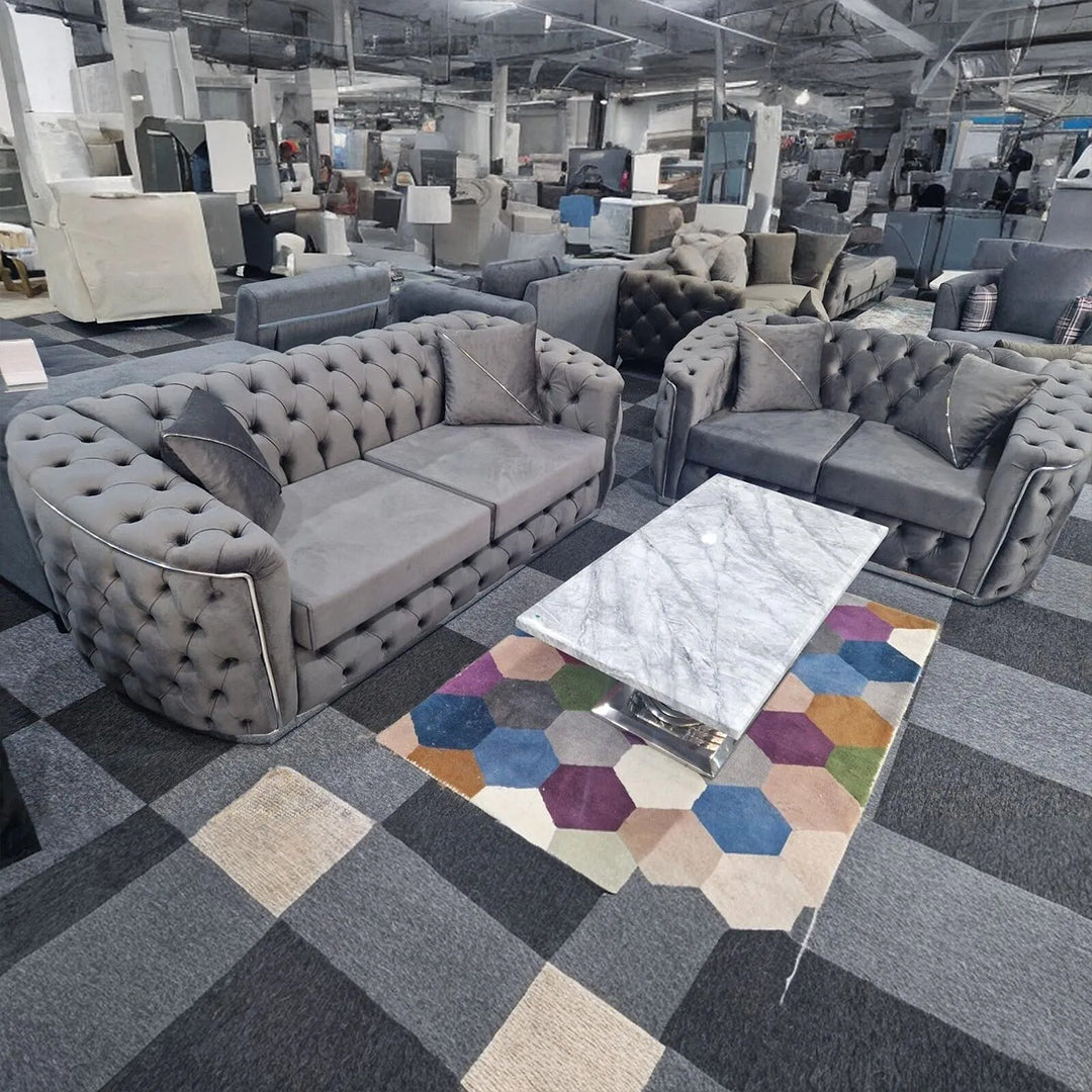 Toronto Chesterfield Sofa 3+2 Grey & Silver - Envogue Furniture